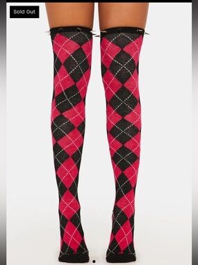 NWT Dollskill In Detention Black & Pink Spiked Argyle Thigh High Socks One Size